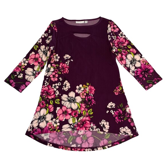 Susan Graver Floral Top Womens Size XXS Purple Keyhole Neck‎ 3/4 sleeve Stretch - Picture 1 of 11